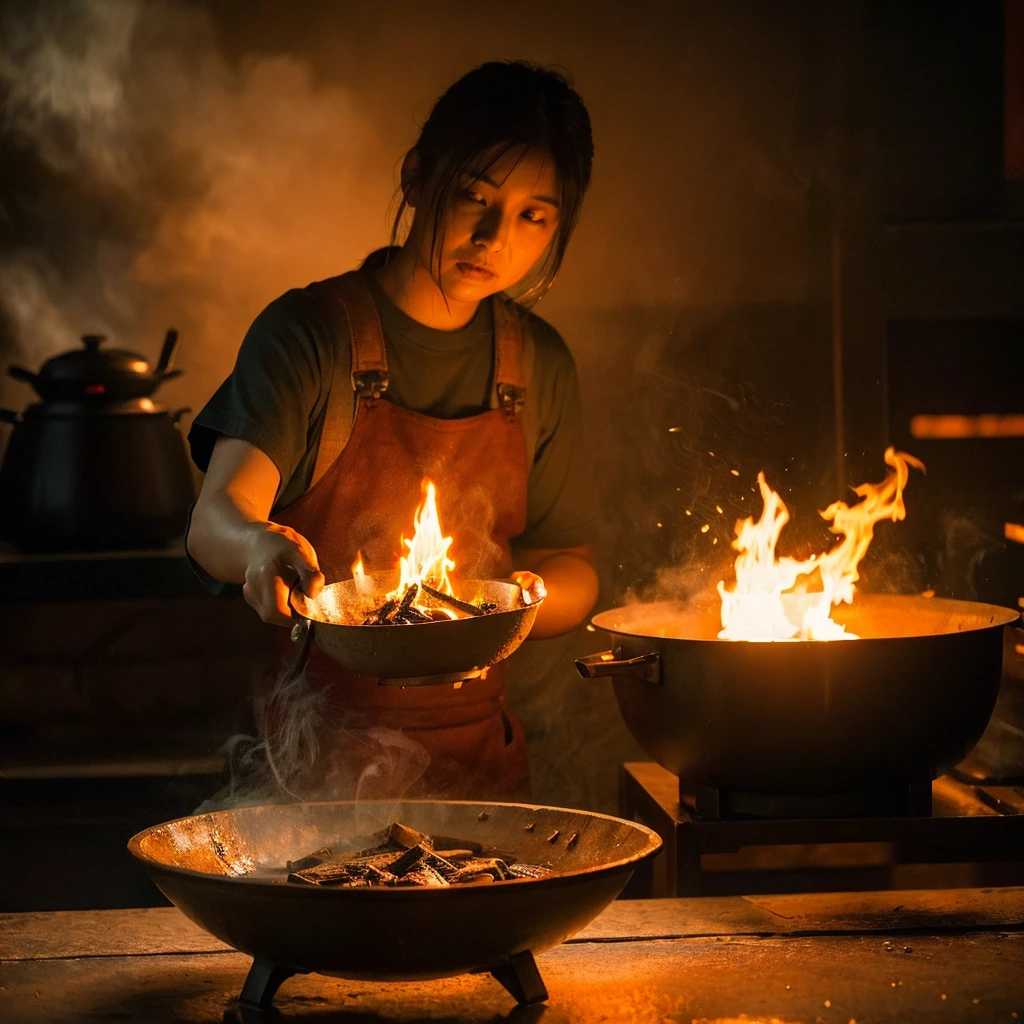 a sweaty,beautiful Asian clad in overall only soaked on water holding spatula stares dynamically in shock as a large pot boils over on a rustic stove, the flames engulfing the pot and sending smoke billowing into the air.The scene is lit by the warm glow of the fire,casting long shadows on the walls.Photorealistic, cinematic lighting,dramatic,slightly surreal, Shallow depth of field,50mm lens,natural lighting with added firelight, smoke and fire effects, textured background.