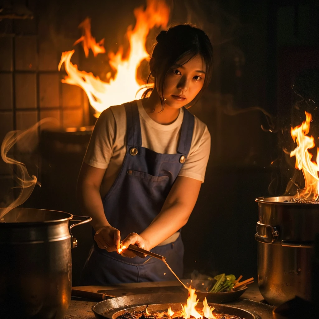 a sweaty,beautiful Asian clad in overall only soaked on water holding spatula stares dynamically in shock as a large pot boils over on a rustic stove, the flames engulfing the pot and sending smoke billowing into the air.The scene is lit by the warm glow of the fire,casting long shadows on the walls.Photorealistic, cinematic lighting,dramatic,slightly surreal, Shallow depth of field,50mm lens,natural lighting with added firelight, smoke and fire effects, textured background.