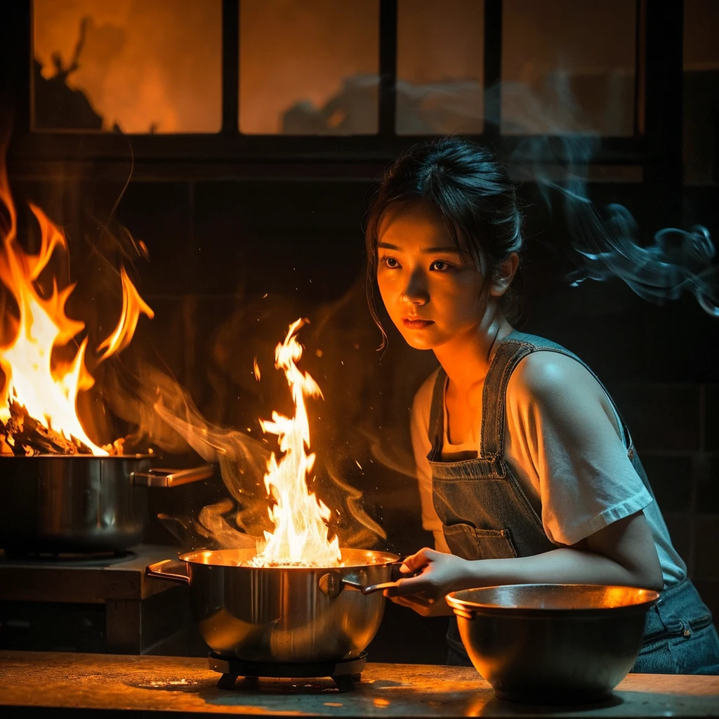 a sweaty,beautiful Asian clad in overall only soaked on water holding spatula stares dynamically in shock as a large pot boils over on a rustic stove, the flames engulfing the pot and sending smoke billowing into the air.The scene is lit by the warm glow of the fire,casting long shadows on the walls.Photorealistic, cinematic lighting,dramatic,slightly surreal, Shallow depth of field,50mm lens,natural lighting with added firelight, smoke and fire effects, textured background.