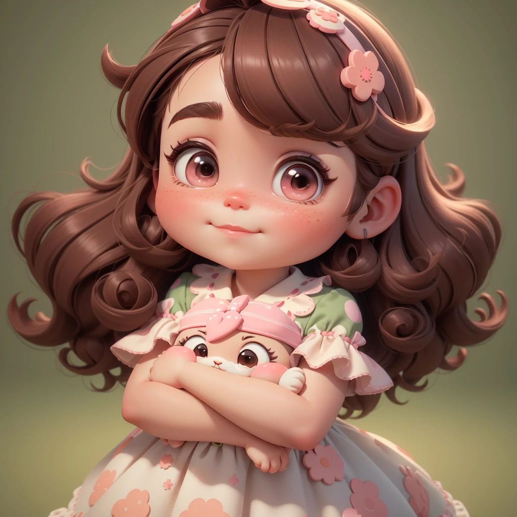 A highly detailed and cute 3D digital illustration of one with big, expressive eyes, rosy cheeks and voluminous dark brown hair with a visible headband. She wears a white dress with large polka dots in pastel shades of pink., green and peach. on a light beige background with soft lighting.