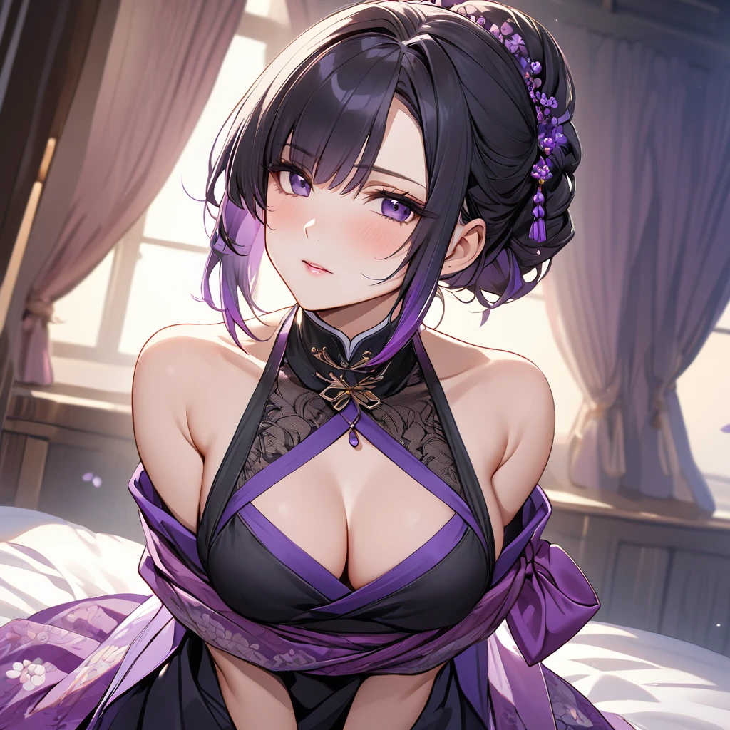 ((Highest quality)), ((masterpiece)), (detailed), (Perfect Face)、The woman is Shinobu Kocho, a Russian with black hair in a purple gradient bob style, tied up in a formal evening hairstyle.、The woman is wearing a Russian national dress, a sarafan.
