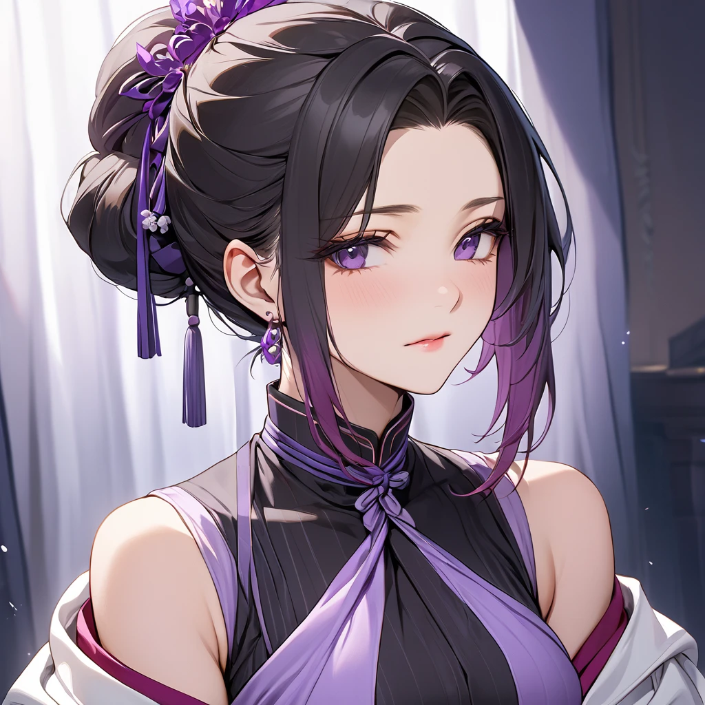 ((Highest quality)), ((masterpiece)), (detailed), (Perfect Face)、The woman is Shinobu Kocho, a Russian with black hair in a purple gradient bob style, tied up in a formal evening hairstyle.、The woman is wearing a Russian national dress, a sarafan.