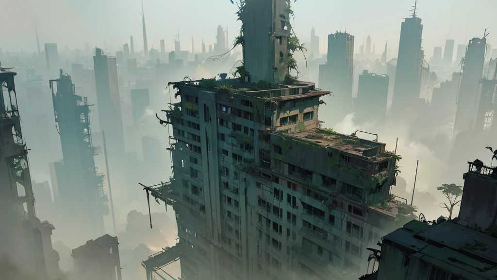 a futuristic abandoned city skyline, overgrown with lush vegetation, view from above, highly detailed, cinematic lighting, moody atmosphere, volumetric fog, dramatic shadows, muted color palette, crumbling skyscrapers, nature reclaiming the urban landscape, intricate architectural details, rust and decay, post-apocalyptic, photorealistic, 8k, masterpiece