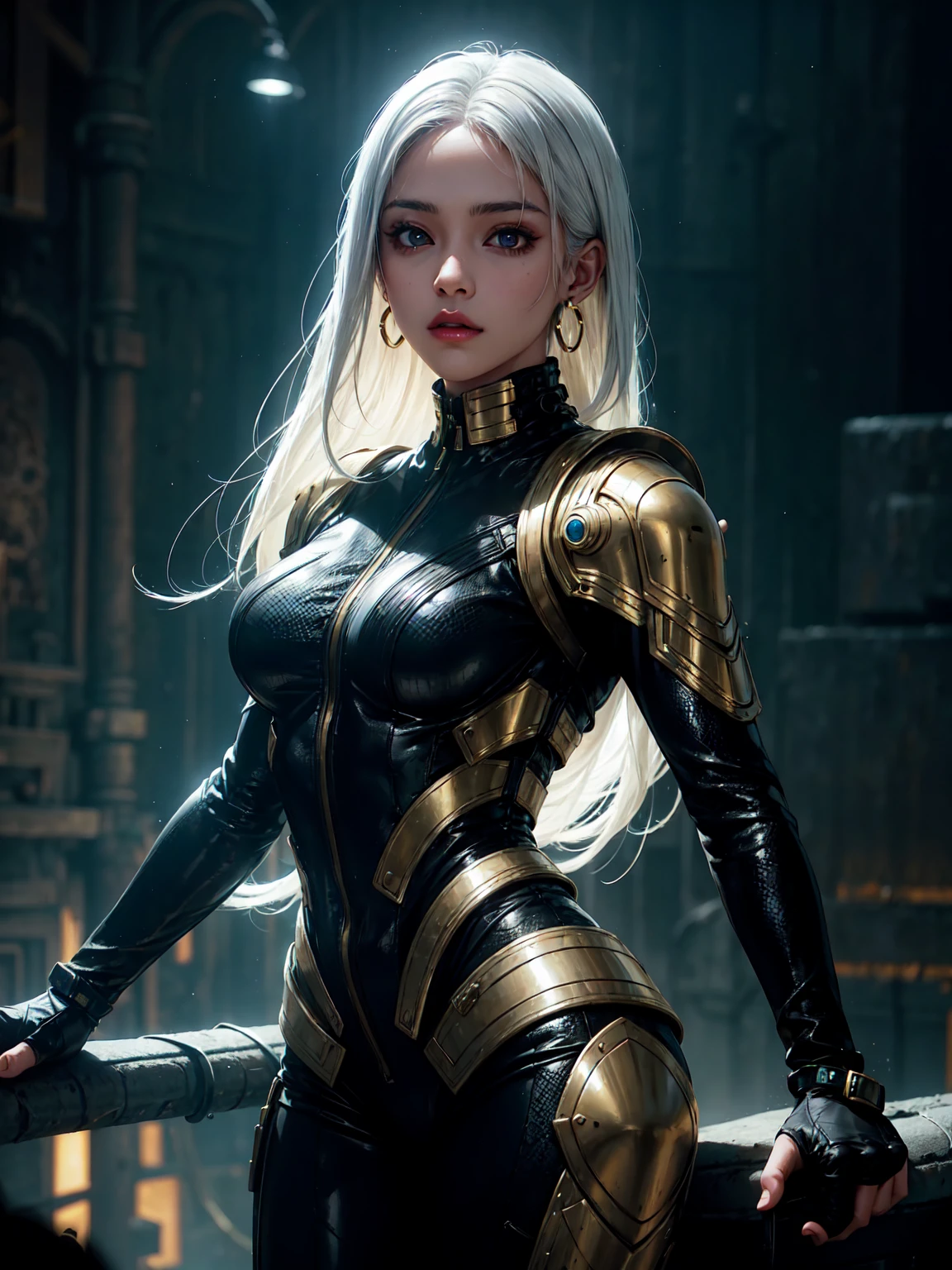 a  girl with pure white straight hair, dark skin, latin american ancestry, wearing a black tactical suit with golden threads, golden snake-shaped earrings, detailed eyes, detailed face, complex grunge outfit, cinematic lighting, strong backlighting, realistic concept art