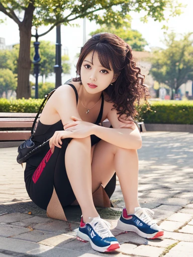 Highest quality、masterpiece、Ultra-high resolution、(Photorealistic:1.4)、((Full body pose:1.3))、Raw photo、One Girl、Beautiful curly hair、Park bench、Sitting、