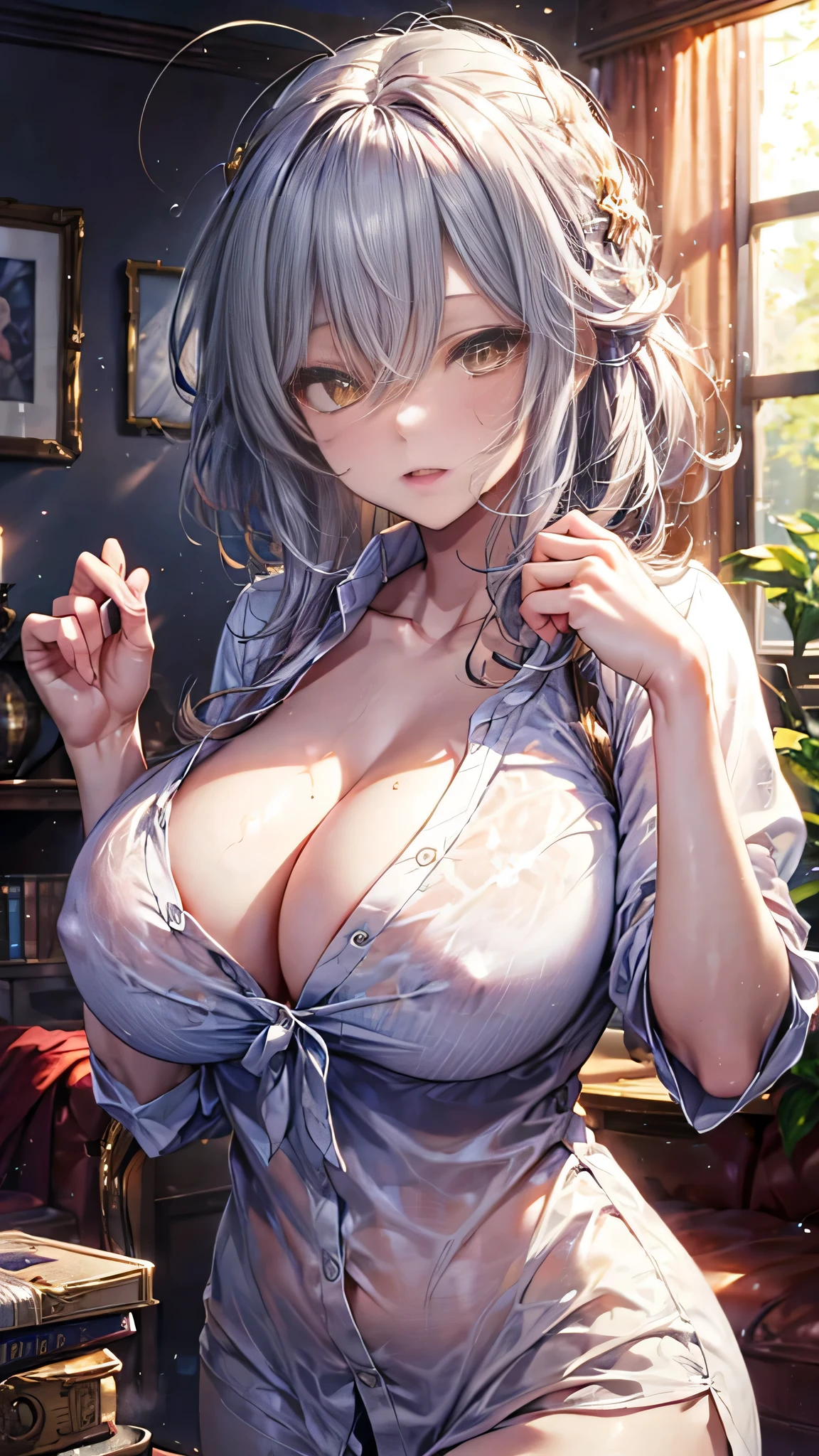 Silver Hair、Messy Hair、Golden Eyes、(Big white shirt)、Girl waking up、Background Living Room、(Right eye wink)、Big Breasts