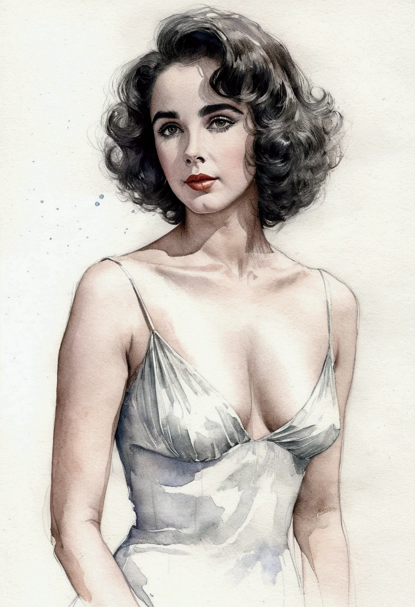 A delicate, watercolor painting portrays, a very young nude beautiful Elizabeth Taylor look, medium firm breasts, standing bare feet without background, large pussy, her features rendered in subtle shading and precise lines. The framing is tight, focusing attention on the subject's serene face. Soft, feathery strokes convey the gentle texture of her hair,