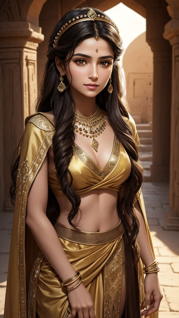 Ancient persian young beautiful woman with dark brown long with smooth curls. She has light brown eyes. She is dressed in a typical ancient persian desert princess outfit. She stands in front of her family's royale place. Her face is smoothly mature but still young and beautiful. She has some lara croft shape face. Her nose is not that small. She has sensual face and expression. She is not smiling, just staring sensually to the camera.