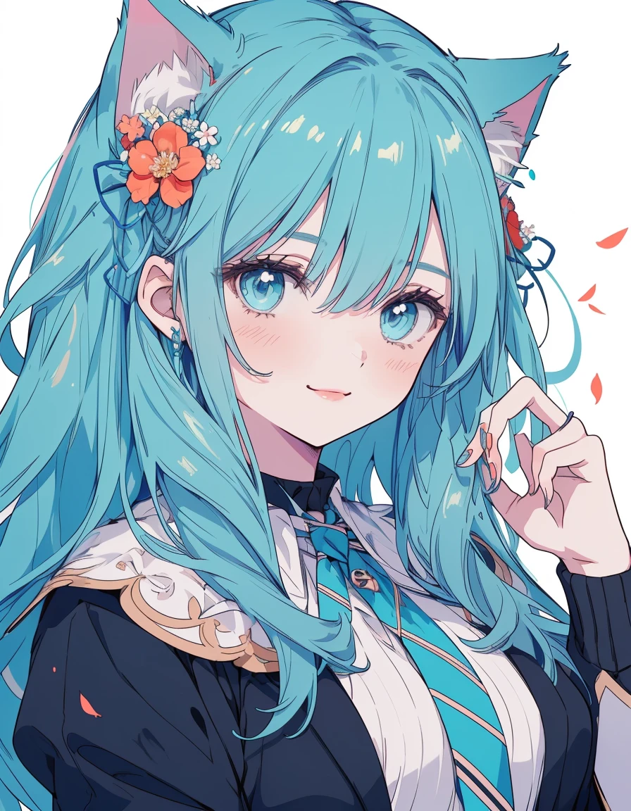 flame, blue flame, magic, smile, flower garden, ((masterpiece, best quality:1.5)), ((Beautiful detailed cat aqua eyes:1.2)), cat ears, pale skin, medium breasts, beautiful hands, beautiful fingers, EasyNegative