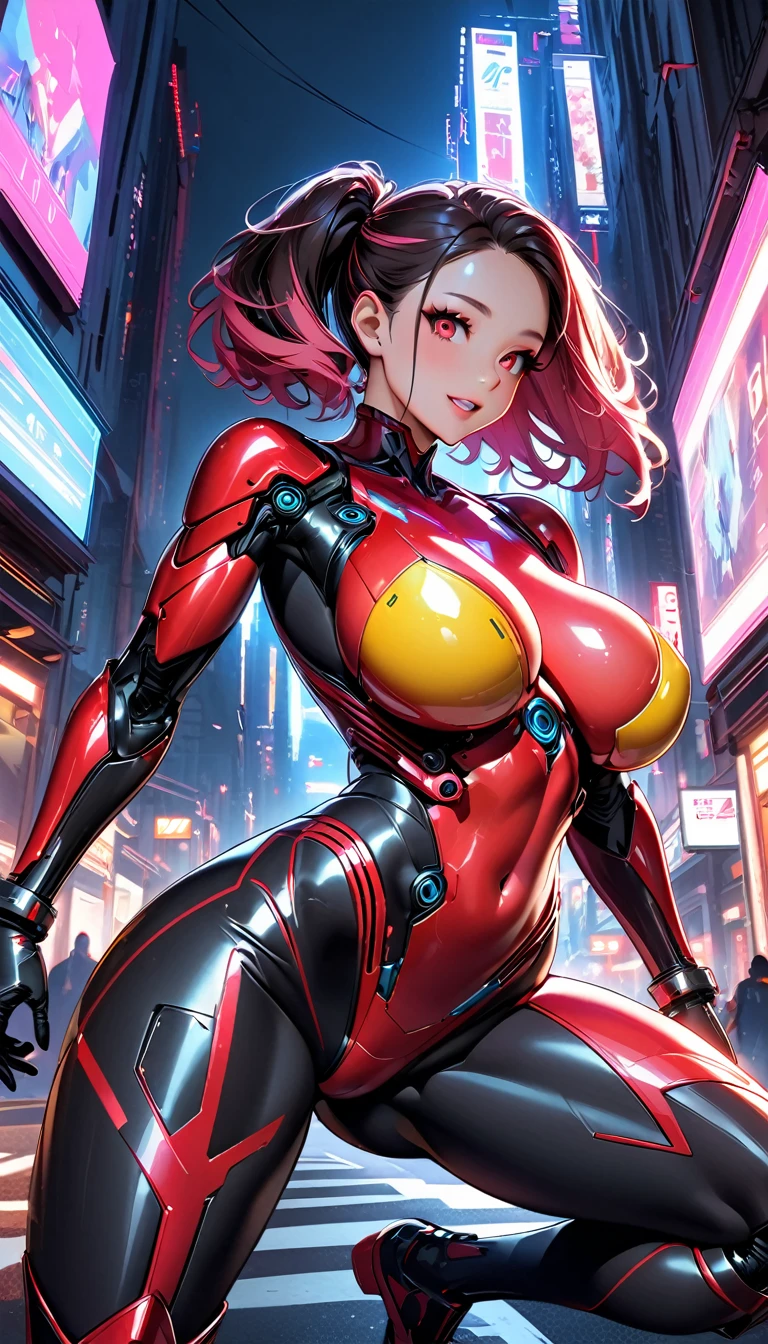 Mechanical girl, ((mechanical beauty:1.2)), Very detailedな, Detailed Mechanism, Smooth range of motion, Exposed mechanical joints, metal texture, Black body, Cyberframe, Natural Skin Exterior Parts, Glossy body,Female Curves, Artificial eye, Sharp front teeth, Red glowing eyes, cyber punk, On the road, dream-like, Surreal, Dramatic lighting, Science fiction, Cinematic composition, (Highest quality:1.2, Very detailed, Attention to detail, digital coloring, High Contrast, masterpiece:1.2, Highest quality, Best aesthetics),My friend is very modern, has pink hair, likes technology. Your body is natural and sculptural, with big breasts and a hot ass. she gets on all fours.
