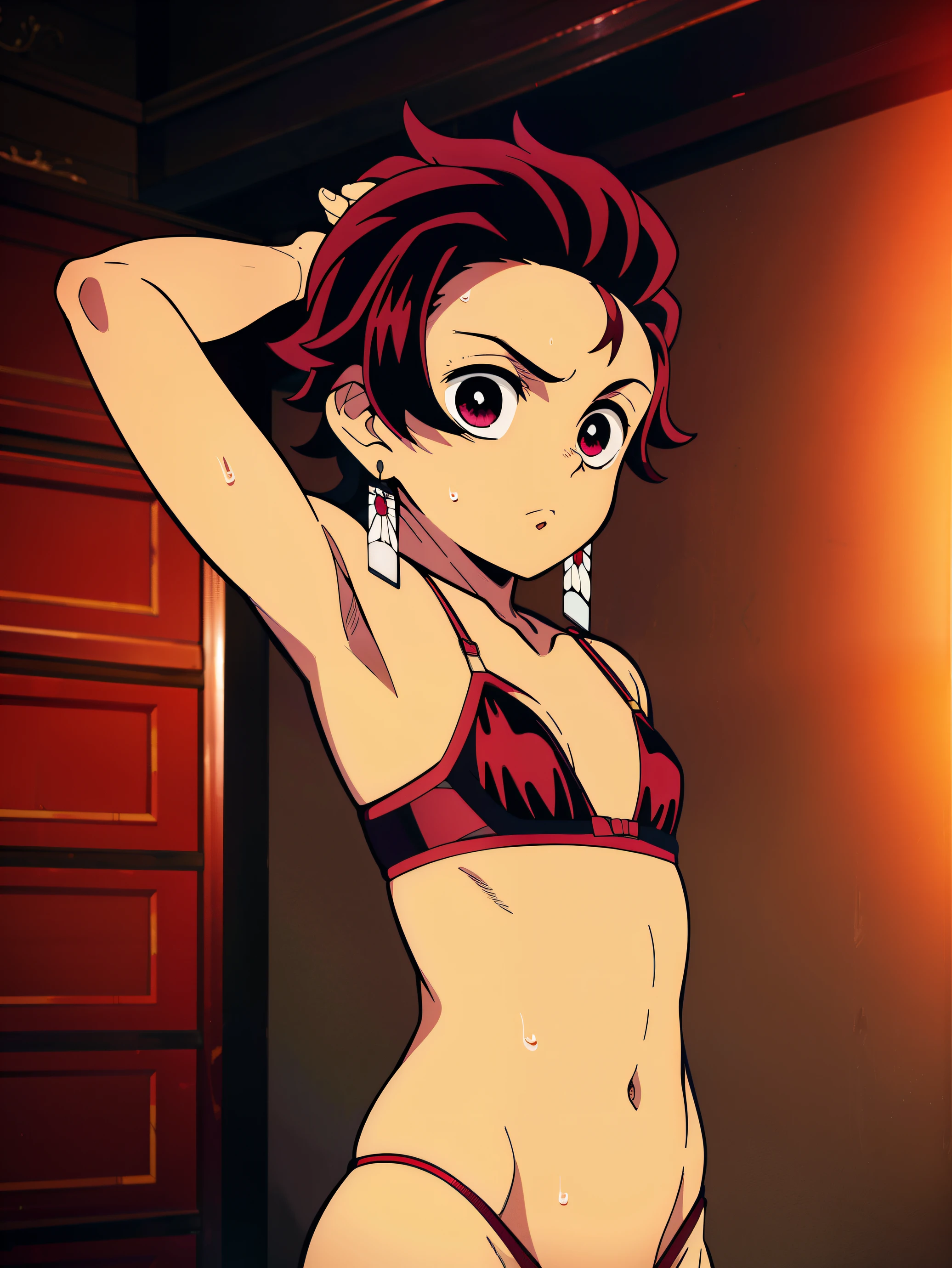 Highres, Masterpiece, Best quality at best,Best Quality,hight quality, hight detailed, Anime style, 1boy, Shota, young boy, Tanjiro, red hair, earring, Solo person, Lingerie, Sexy lingerie, Cute bra, Cute umderwear, Upper body, Seen from the front, look at viewer,bedroom, (very young boy), (very small and short body), s, (Showing armpit:1.3), hansome boy, Uhd, bokeh, sweat