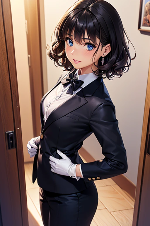 #Basics A girl is posing for a photo, (((One Girl))), (((Baby Face:1.4)) + ((cute:1.4)) + ((15 years old))),
break
#Clothing Accessories
((black tuxedo suit) : White dress shirt + Black bow tie + (black suit vest) + (Black suit jacket) + (Black suit slacks), (Black Loafers),
((Red earrings) + (White gloves)),
break
#Features
((Black Hair:1.2)) + ((Straight bangs + Very short side bangs)) + ((Very Short Hair : Very short hair:2.0 + Curly hair + Hair curled outside)),
((Droopy eyes:1.4, Big eyes:1.2), blue eyes), (Small breasts:1.2),
break
#background environment
((noon + dance hall)),
#Facial Expression Pose
(smile, blush), (Standing straight as if escorting + Strong and confident + (Extend your hands straight up to your eyes)),
#composition
(Face the camera), ((Character Focus), (Angle from the front), (Cowboy Shot)),
break
#Body parts elements
(Slim figure),
(Symmetrical facial features),
(Detailed Hair, Beautiful Hair, Shiny Hair),
(double eyelid, Long eyelashes, Thin eyebrows:0.5),
(Expression of fine eyes, Beautiful and delicate eyes, Sparkling eyes, Eye Reflexes, Glitter Eyeliner),
(Human Ear),
(Beautiful Nose, Thin Nose),
(Glossy Lips, Beautiful Lips, Thick lips),
(Detailed skin, Textured skin, Beautiful Skin, Oily skin),
break
#Quality Image Quality Common
(((Highest quality)), ((masterpiece)), ((Very detailed))), ((Ultra-high resolution)), ((16K, 1080P)), ((Full HD)),
(Anatomically correct), (Realistic), (3DCG), (Oil painting),
((comics, anime)), (CG illustration), (RAW Photos),