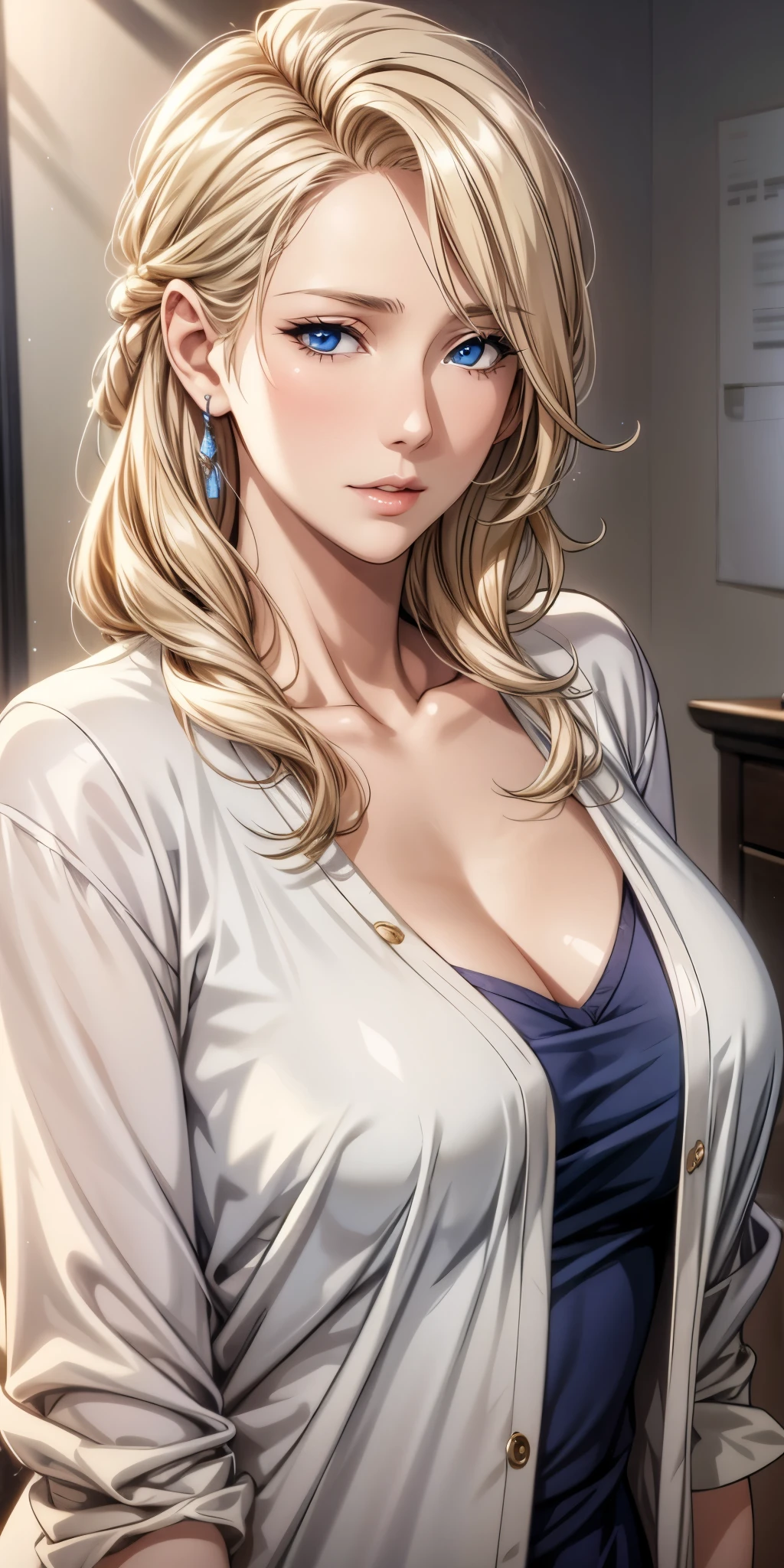 Elegant mature woman, blue eyes, blonde hair, soft light, 4k resolution, high quality, beautiful cg