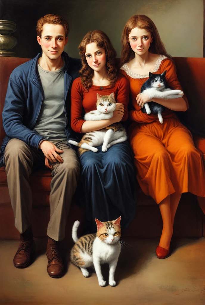 painting of a couple holding a cat