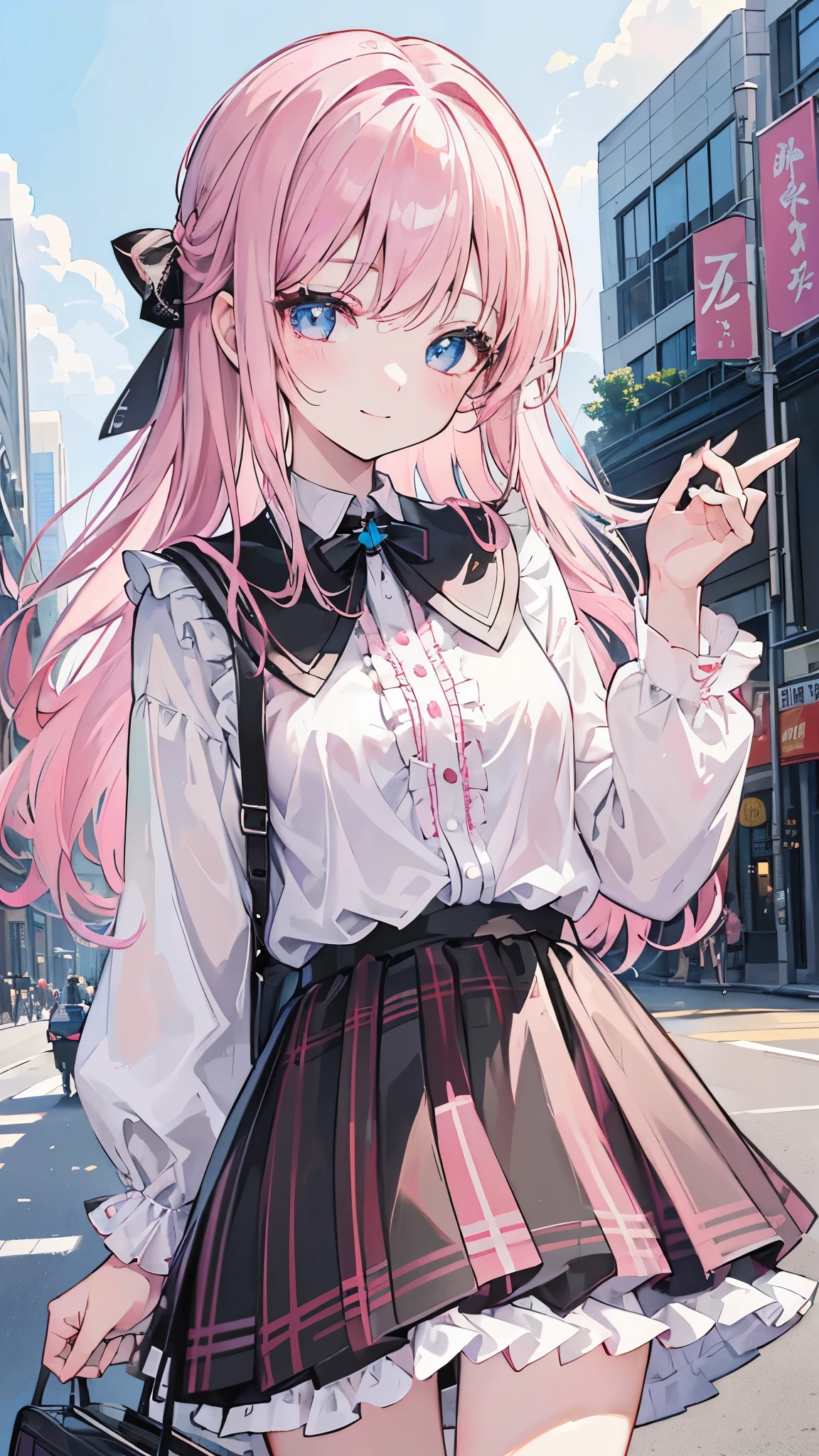 ((masterpiece、Highest quality、Very detailed))、One girl、Long Hair、((half color))、((pink and black))、Light blue eyes、smile、Moderate breasts、((White ruffled blouse))、((black plaid skirt))、Cowboy Shot、Downtown background