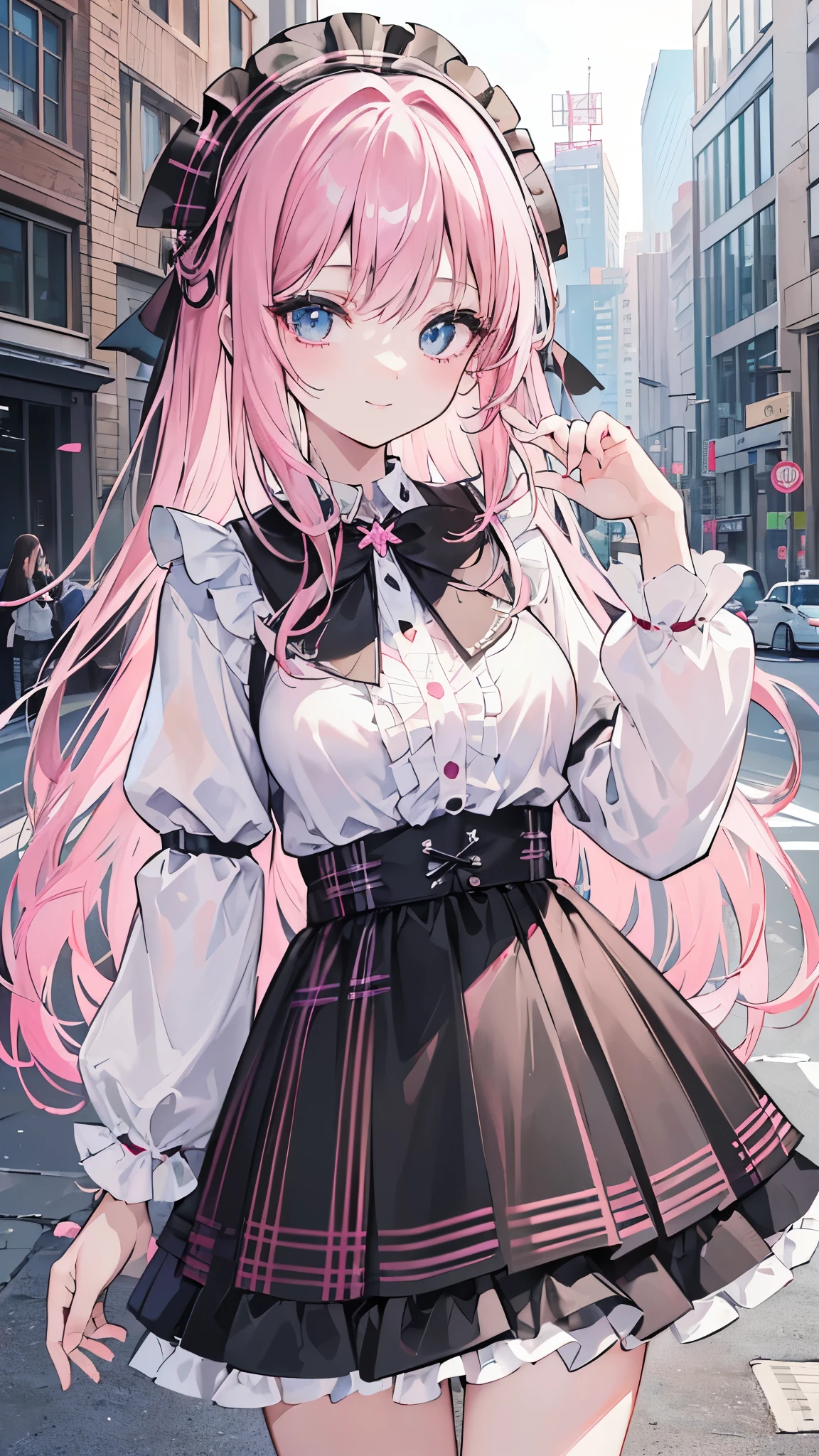 ((masterpiece、Highest quality、Very detailed))、One girl、Long Hair、((Two hair colors: pink and black))、Light blue eyes、smile、Moderate breasts、((White ruffled blouse))、((black plaid skirt))、Cowboy Shot、Downtown background