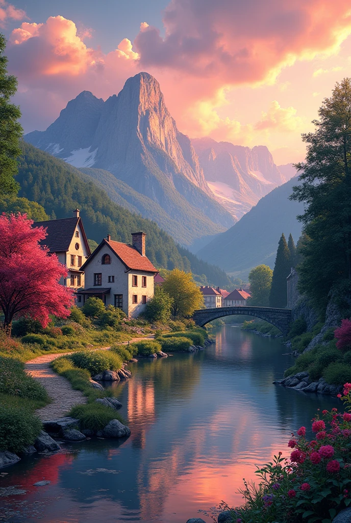 a small village by the river, mountains in the background, floral flowers colorful, detailed landscape, Beautiful natural landscapes, atmospheric lighting, scorching sunset, warm colours, practical, photopractical, Detailed Foliage, complex buildings, cobblestone street, Charming country house, swirly vibrant colors, lush vegetation, Still water reflections, Picturesque, idyllic, work of art, best qualityer, 8k, extremely detaild,anime styling
