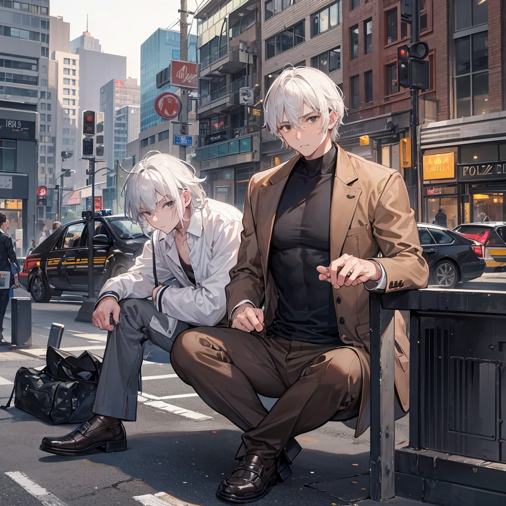 40 year old man, detective, white hair, black eyes, looks like an alcoholic, very thin, wearing a brown jacket, brown pants, white and dirty shirt, sitting on the sidewalk next to a police car.