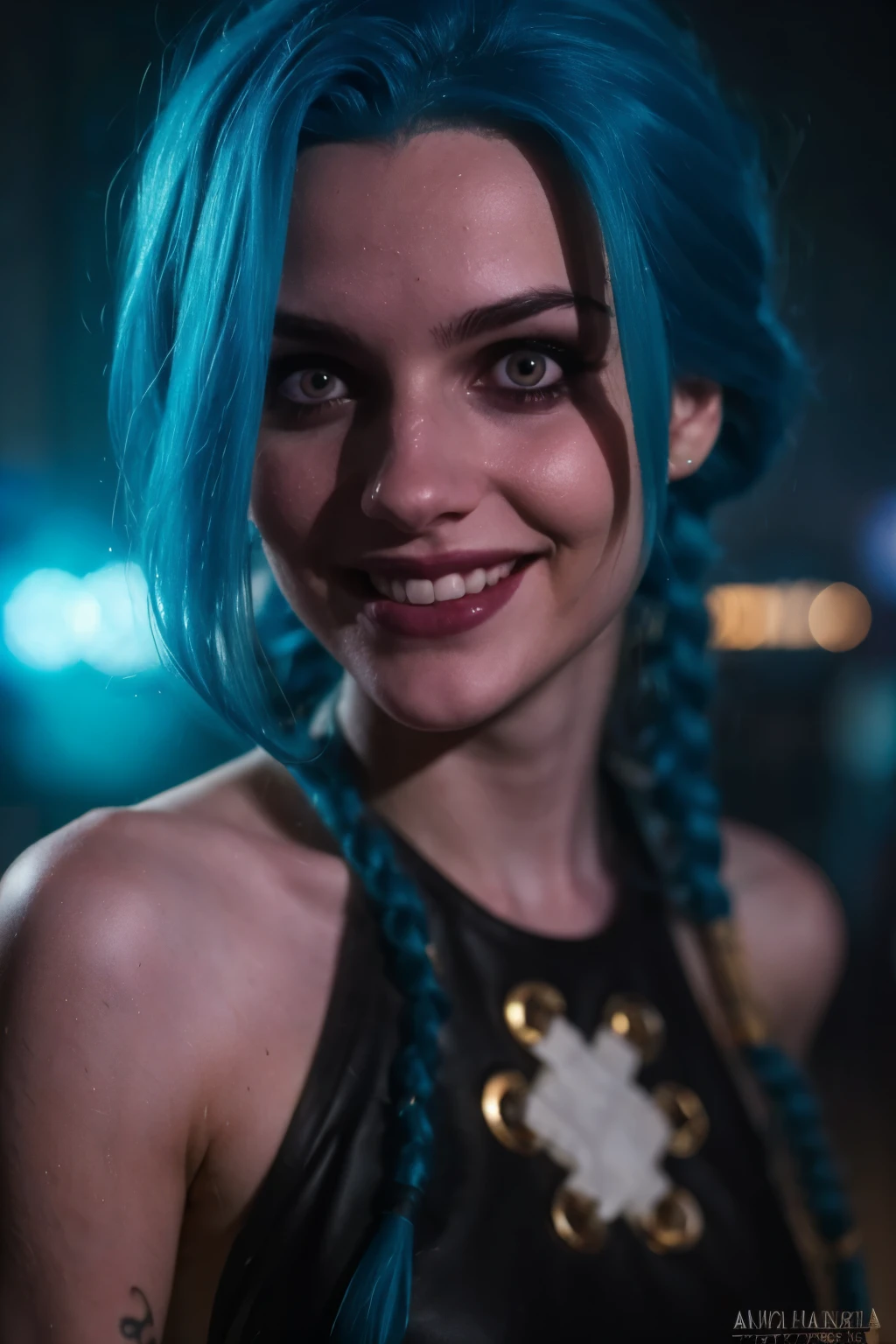 Close-up face. Hyper realistic super detailed Jinx cosplay , ((Young girl, 15 years old)), Very detailed, (hyper realistic: 1.4), in dynamic pose, (((psycho face, creppy smiling))), twin braids, long hair, blue hair, red eyes, tattooed, ((skinny Body)), ((angry face)), arcane style. ((Cinematic Explosion background,  cinematic lighting)).