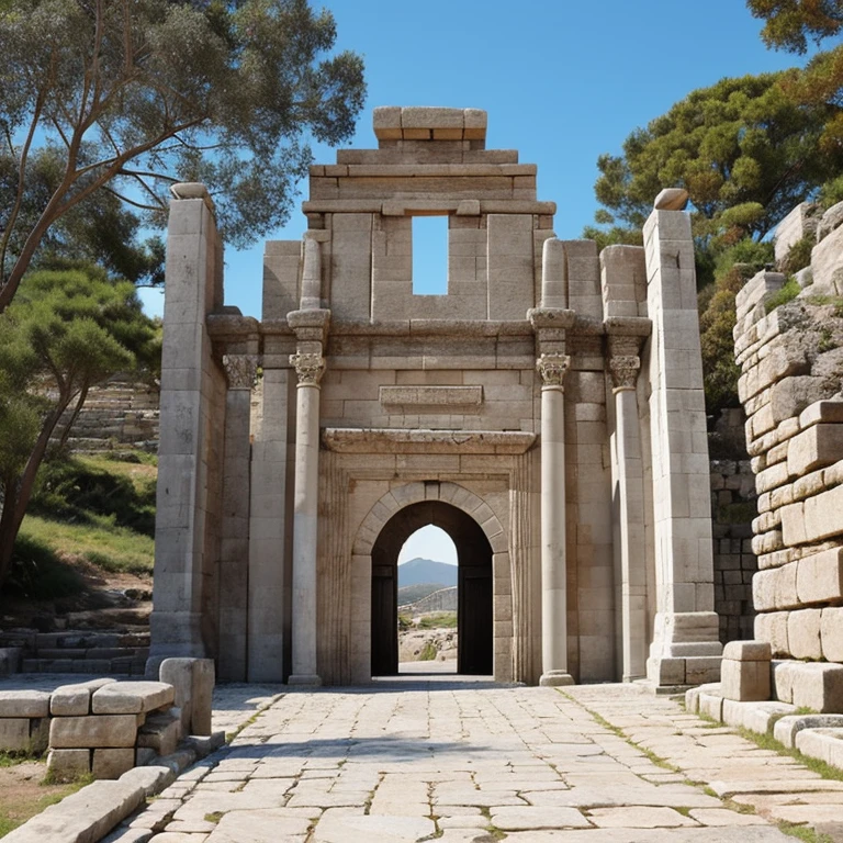 ancient city gate in grey rock and marble
