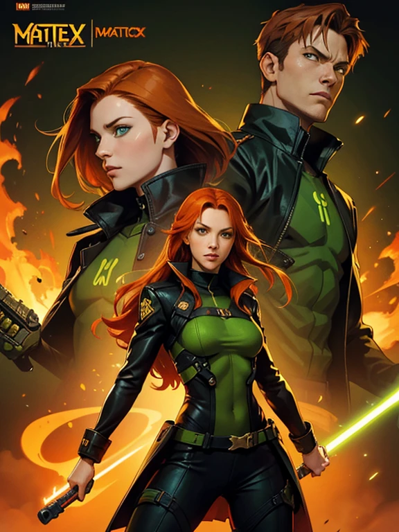 Poster for the film "Matrix, 2 characters, green-eyed cute girl with fiery orange hair and a brown-haired boy; dynamic poses, "Matrix" background of green neon hieroglyphs flying down, cinematic lighting