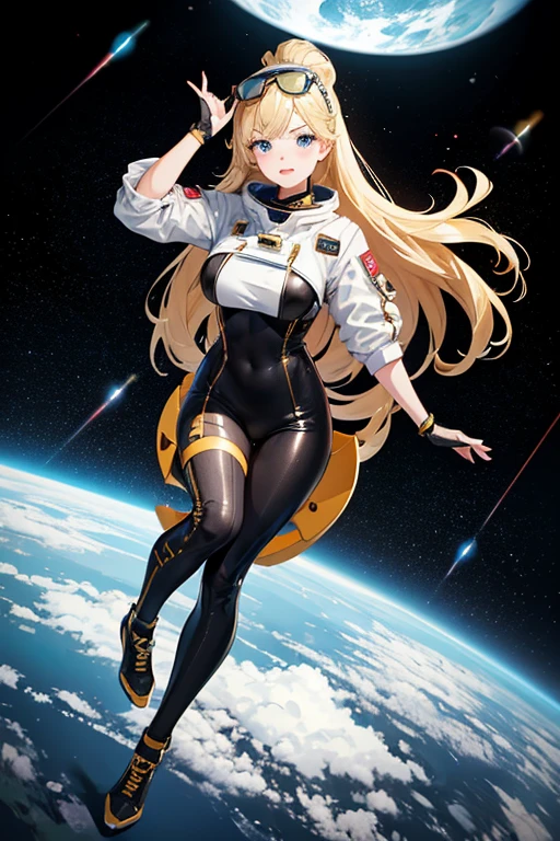 a pin-up style blonde girl in drawing, she is wearing a space suit, the suit is black with gold accent. the background is transparent, you must see her entirely. full body.