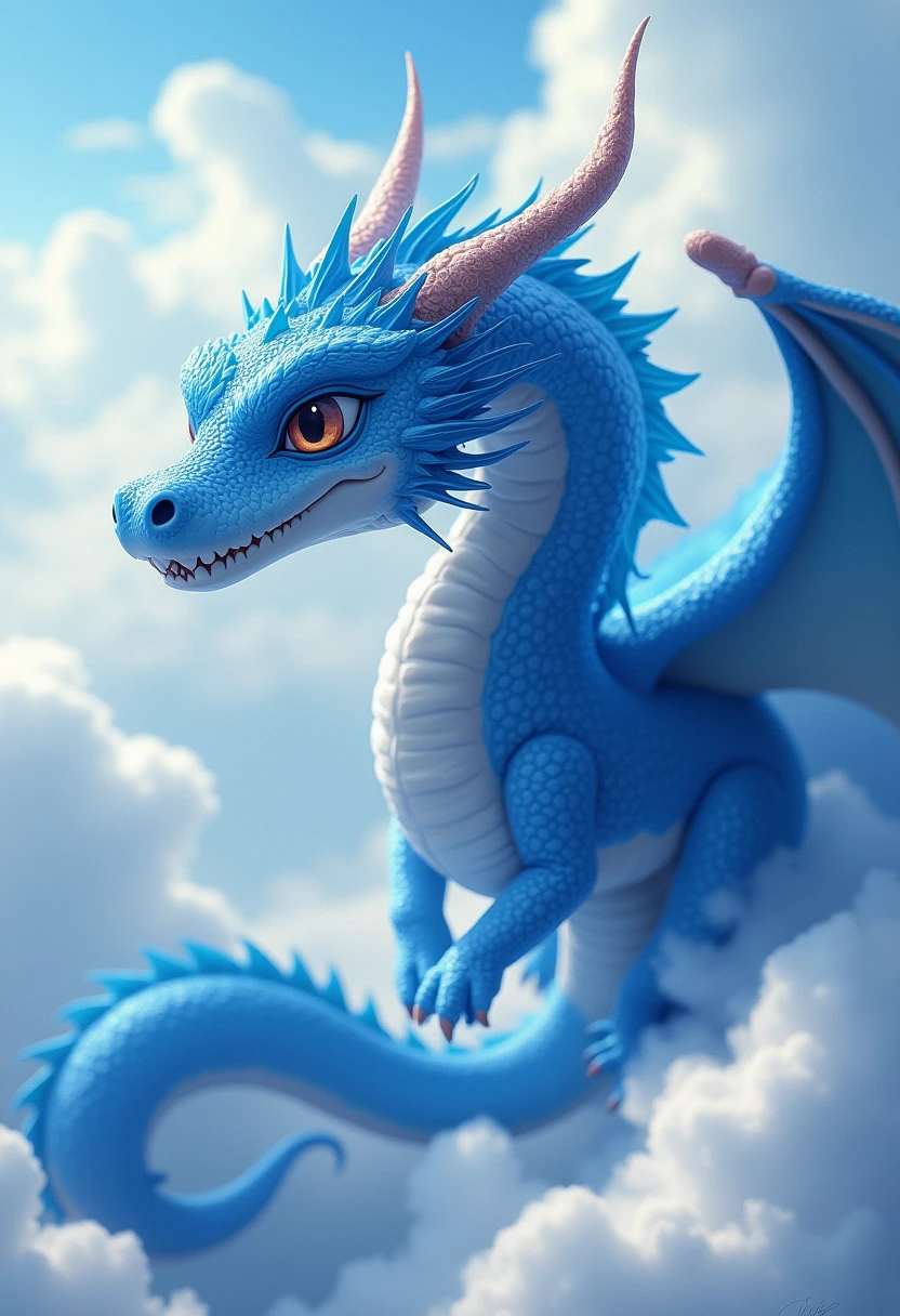 A beautiful and huge dragon, in blue color flying over the clouds