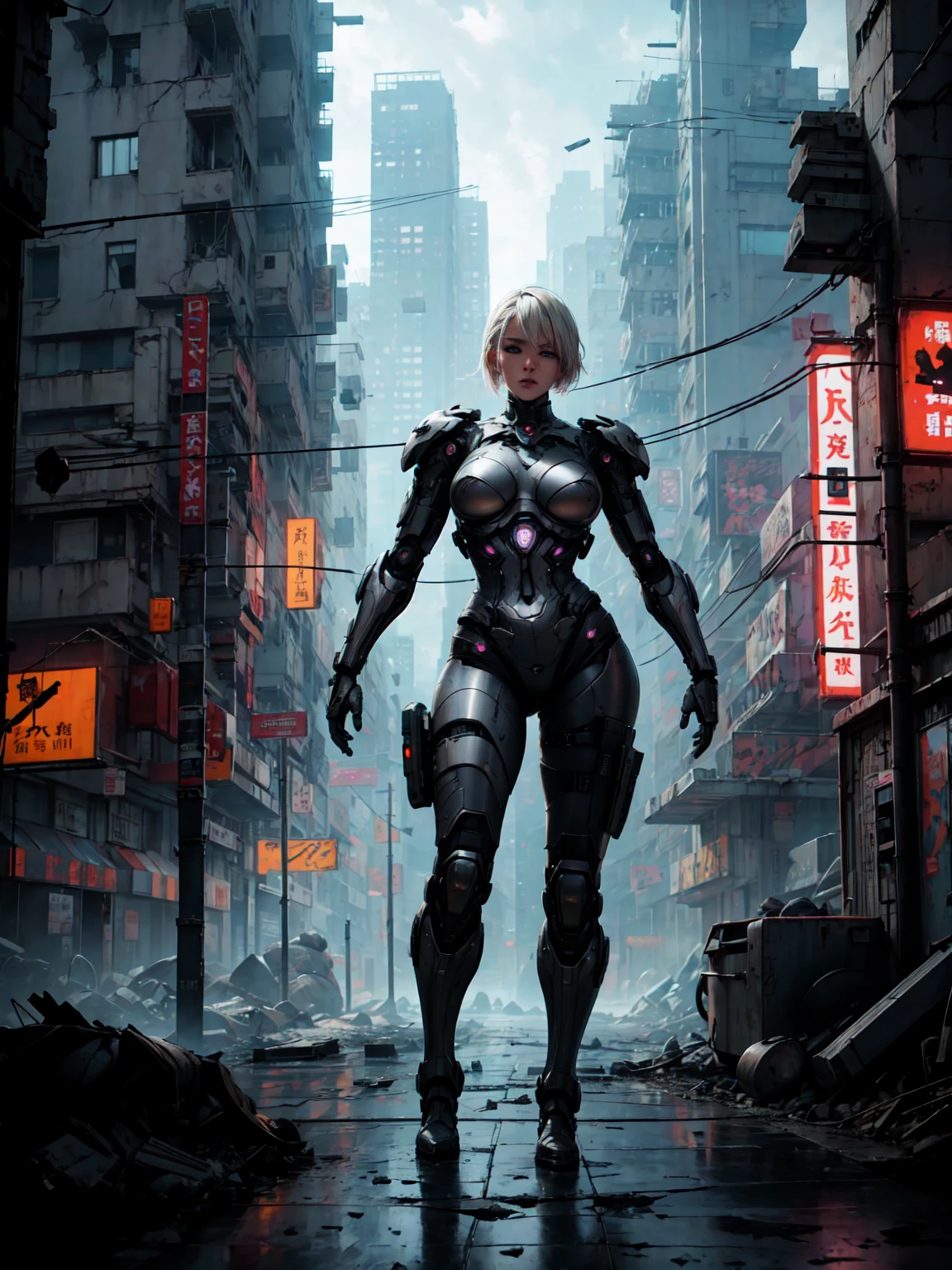 a platinum blonde female robot, highly detailed city destruction, photorealistic, 8k, hyper detailed, extremely detailed, cinematic lighting, dramatic lighting, apocalyptic, gritty, dystopian, cyberpunk, neon lights, glowing details, depth of field, cinematic composition, moody color palette, vibrant colors, intricate machinery, advanced technology, futuristic architecture, crumbling buildings, rubble, debris, shattered glass, dust and smoke, chaos, dramatic shadows and highlights, ultra-realistic rendering, sharp focus, professional quality