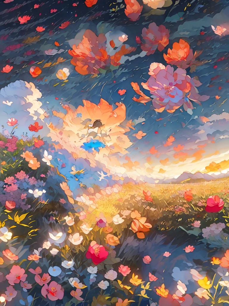 ((Highest quality)),(Ultra-high resolution),(Very detailed),(Detailed Description),((The best CG)),(masterpiece),Ultra-precise art,Amazing drawing art, ((Yellow Color)), (Orange color),(Light green),Bright World, zoom, Holographic, Super detailed, Flower Field ,((No leaves)), (((No people))), Beautiful Anime,rainbow,colorful, Anime Fantasy,cute,(Watercolor:1.3)、Light Mixing、Beautiful and delicate,  8k detailed high quality Fantasy art, Flower Fieldの背景,Fantasy art, Beautiful n delicate, colorfulなアートワーク, Detailed Background,(Petals flutter:1.4)、beautiful flower々、Lots of flowers、colorfulな色彩、Peepland、Awareness-raising、milky way、Shining Star々、Wet、Sparkling、、Highest quality、Fantasy、, colorfulな色彩、(kaleidoscope:1.2)、Very detailedな, (cuteパステルカラー), moving composition, Rich colors、