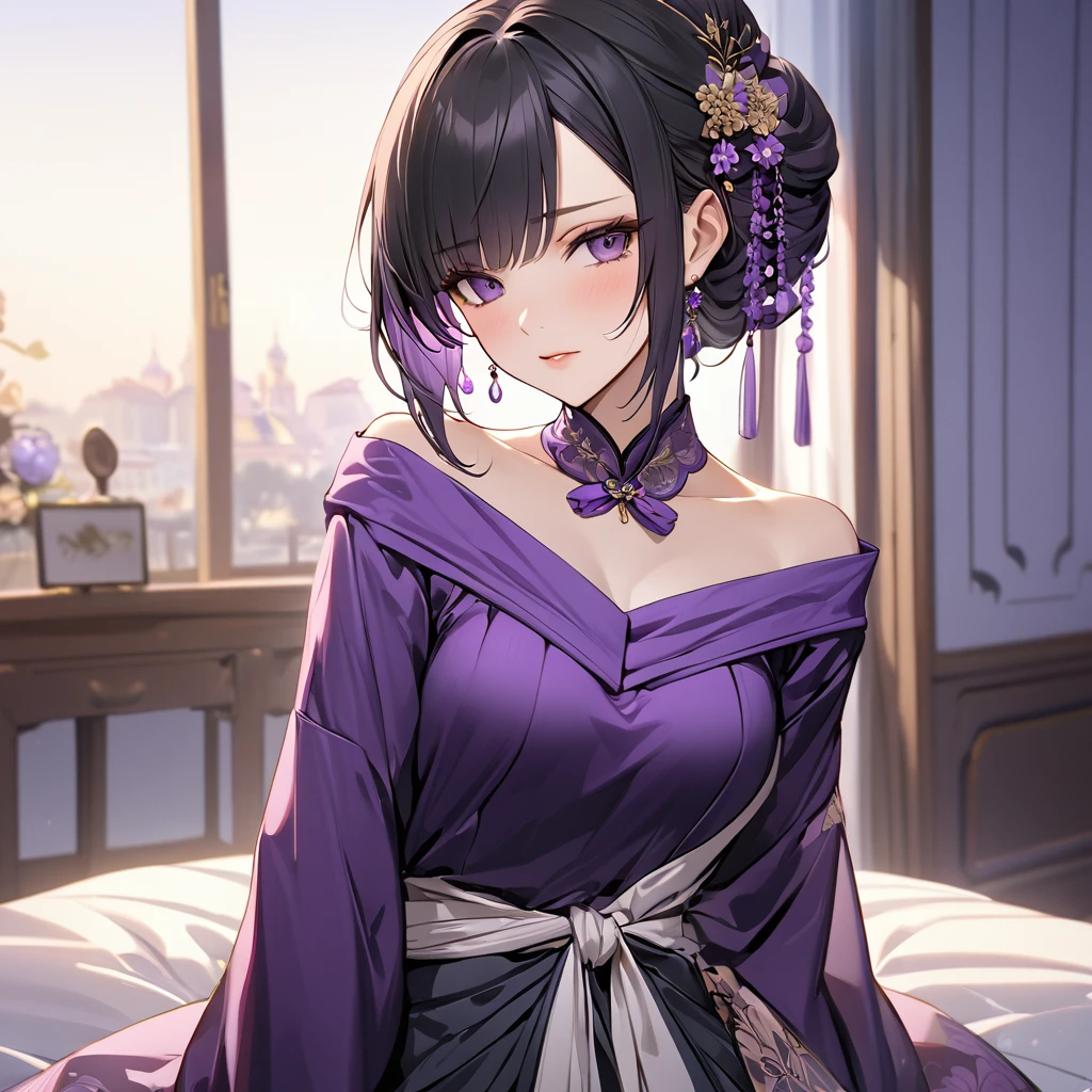 ((Highest quality)), ((masterpiece)), (detailed), (Perfect Face)、The woman is Shinobu Kocho, a Russian with black hair in a purple gradient bob style, tied up in a formal evening hairstyle.、The woman is wearing a Russian national dress.