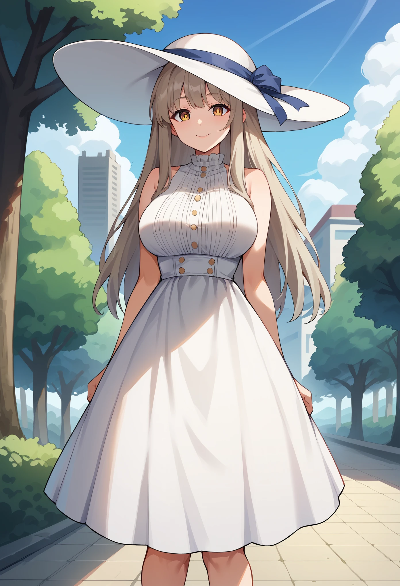 (masterpiece:1.2, Highest quality),(anime), Showing from knees to head,****************,Golden Eyes,Tree Eyes,smile,Gray Hair,Blonde,Bangs are the same length from end to end,No gaps in the front hair,Cropped bangs,Half-up at the back,Long Hair,Quite large breasts,White wide-brimmed hat,White ruffled dress,Low exposure,Western cityscape,Riverside town,