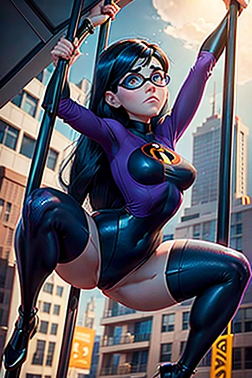 Violet Parr, Incredibles, Leotard, Pole Dancing, Disney Pixar Animated Style, detailed face, beautiful eyes, medium breasts