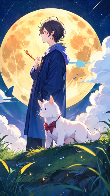 Full moon night、top of the hill、Men and women facing each other