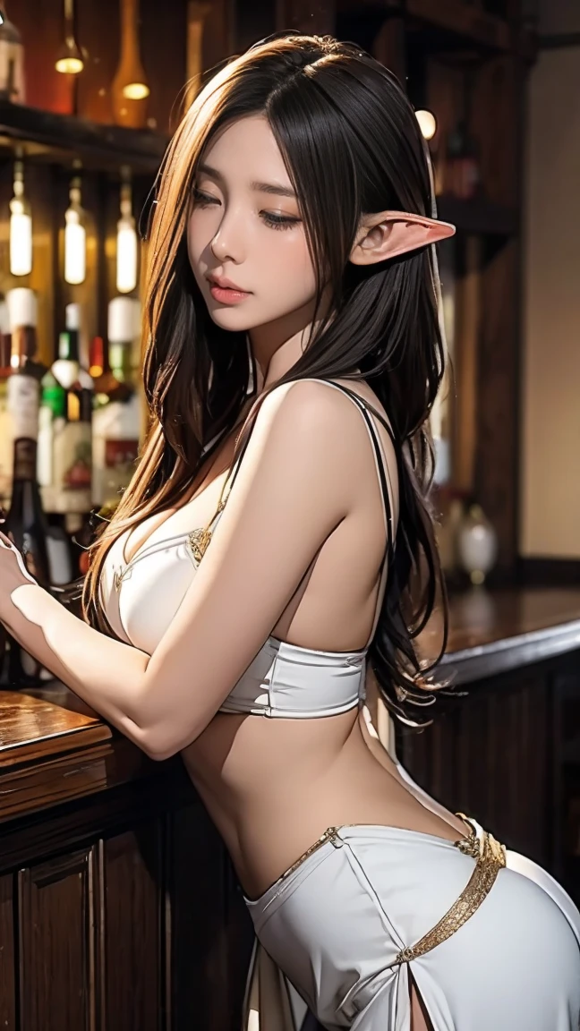 (masterpiece, best quality), Showing breasts,The melancholy female elf princess is in a medieval fantasy world:1.0、 (at the bar), .々hairstyle, harem, night, Detailed aspects, seduce 、Large Breasts、Big Ass、Wide waist、Expose the middle of the breast:1.0

((feel pain:1.5,Frowning and wanting to moan:1.0)) (close eyes:0.6)