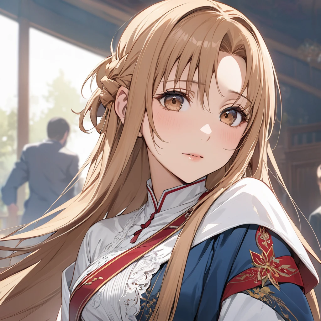 ((Highest quality)), ((masterpiece)), (detailed), (Perfect Face)、The woman is Yuuki Asuna, a Russian with light brown, semi-long hair.、The woman is a member of the United Russia party and is beautifully dressed in the fine attire and luxurious accessories appropriate for a party member.、Women are serving the cause of Great Russia