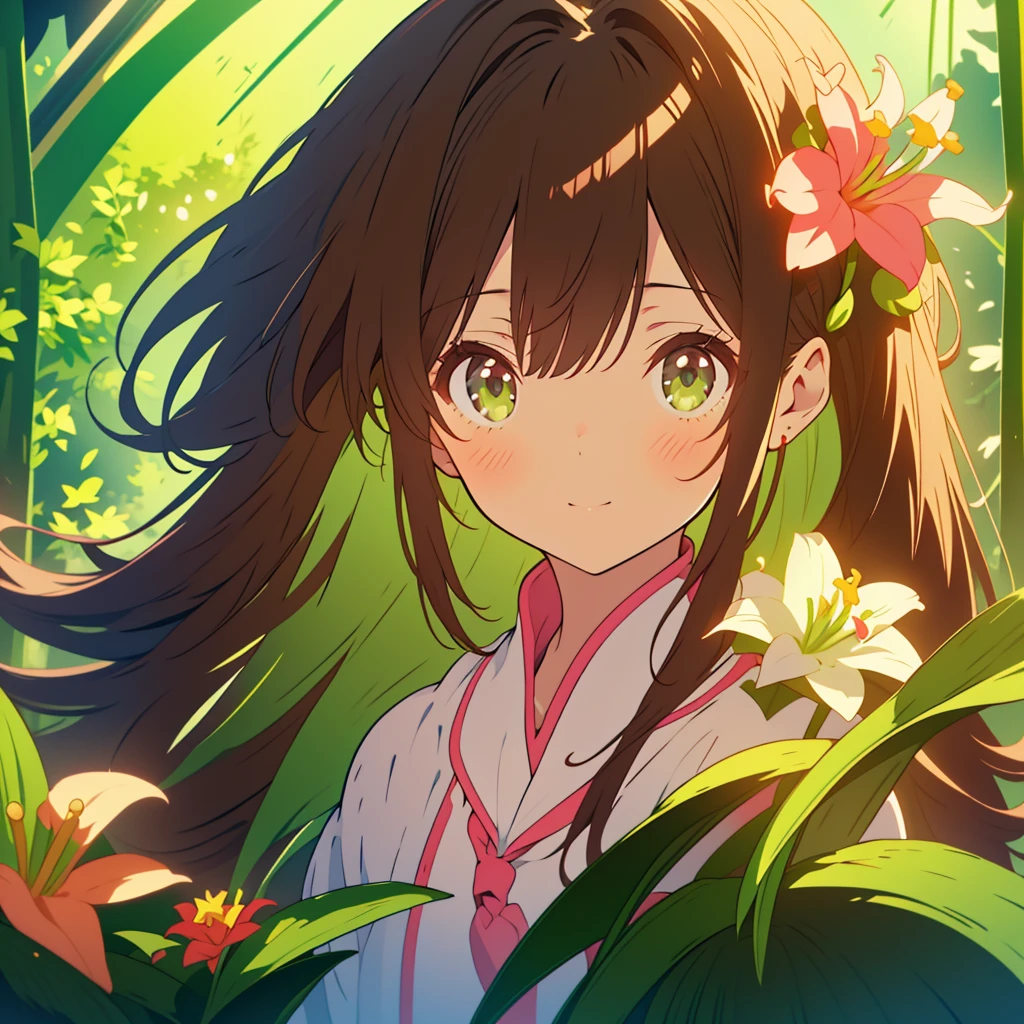 kawaii, anime, Cute, hyper quality, highly detailed, 8k, Clarity, Draw facial expressions in detail, Girl with long dark brown hair and green eyes, small pink lily flower, highlight on eyes, whole body, Dignity, longing for the future, no background,