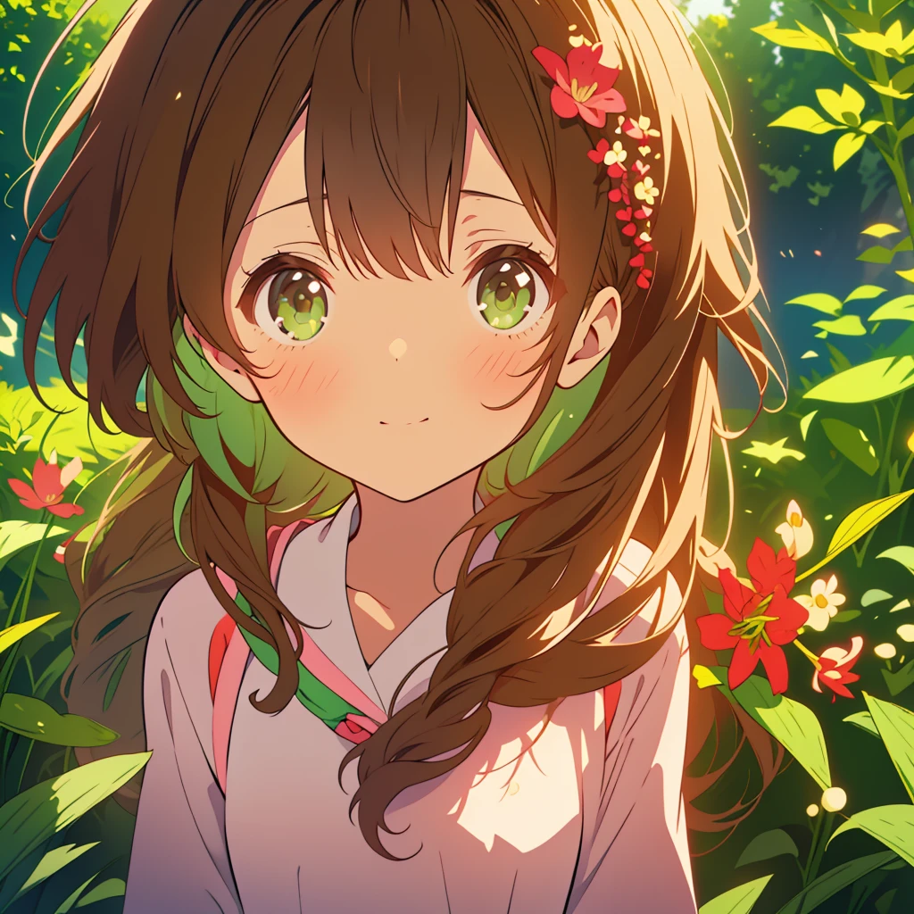 kawaii, anime, Cute, hyper quality, highly detailed, 8k, Clarity, Draw facial expressions in detail, Girl with long dark brown hair and green eyes, small pink lily flower, highlight on eyes, whole body, Dignity, longing for the future, no background,
