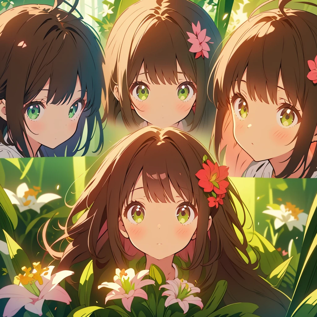 kawaii, anime, Cute, hyper quality, highly detailed, 8k, Clarity, Draw facial expressions in detail, Girl with long dark brown hair and green eyes, small pink lily flower, highlight on eyes, whole body, Dignity, longing for the future, no background, 
