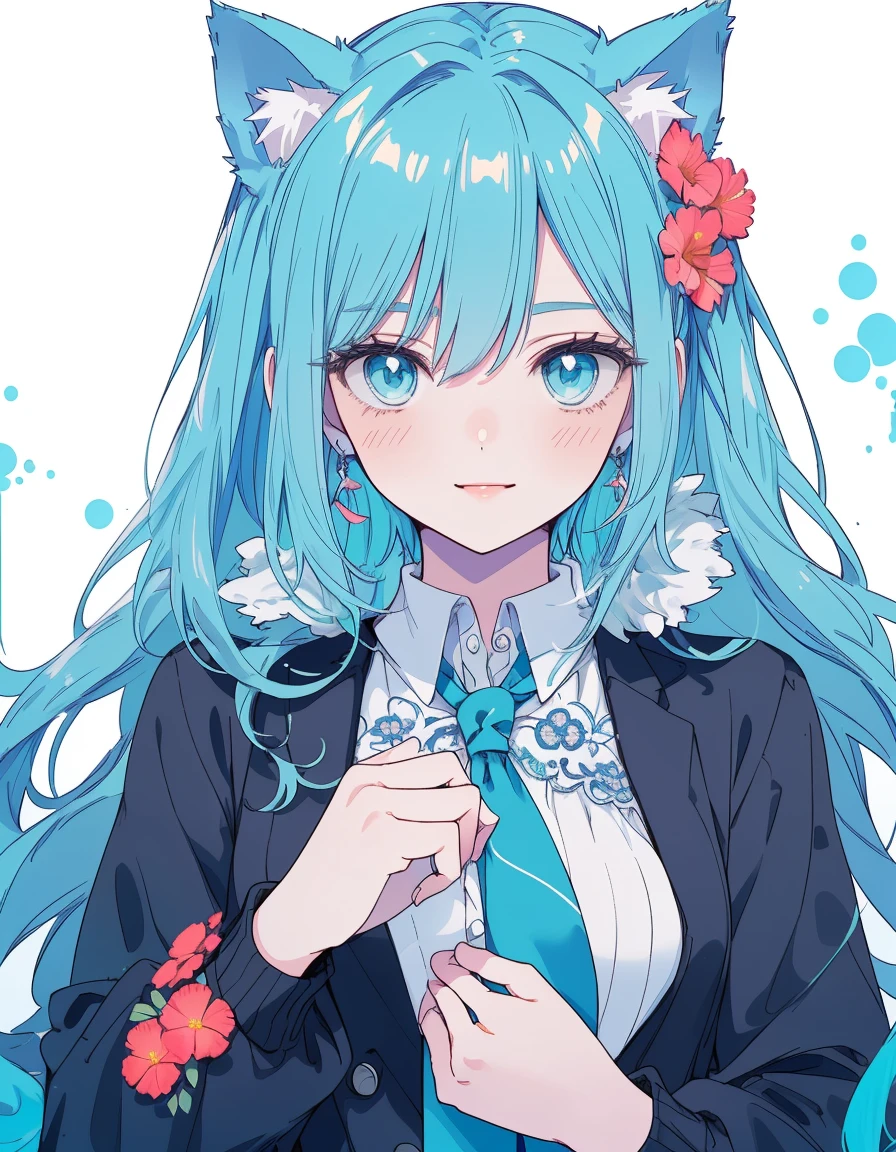 flame, blue flame, magic, smile, flower garden, ((masterpiece, best quality:1.5)), ((Beautiful detailed cat aqua eyes:1.2)), cat ears, pale skin, medium breasts, beautiful hands, beautiful fingers, EasyNegative