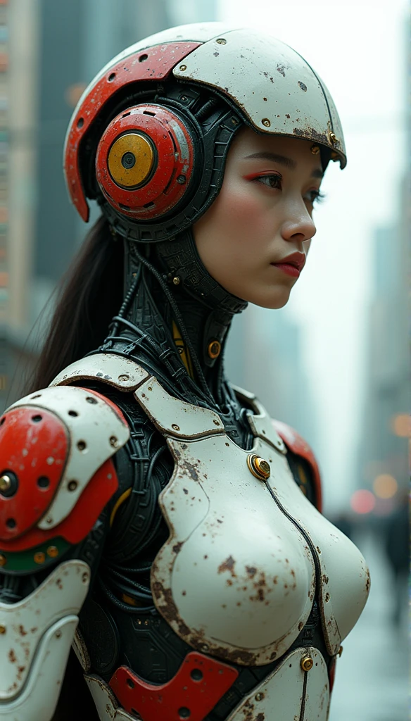 Cyborg female warrior, her entire body is made of mechanical devices, and her head, excluding the face, is also partially made of mechanical devices. Part of the head has a helmet-like mechanical device, a young woman's face with an innocent style, an Asian woman's face, and various small electronic circuits and small parts are expressed in detail on the mechanical device. The colors of the machine are red and white. The machine is 50% black and 50% green, and the angled parts of the machine are slightly worn and show signs of wear. The feeling of a veteran warrior who has experienced numerous battles, the ratio of the head to the pelvis shown on the screen, the overall lighting color is white and yellow, the background of the screen is a very futuristic city with a gorgeous yet dark atmosphere, and the angle shows the head to the navel. , outdoor future city background