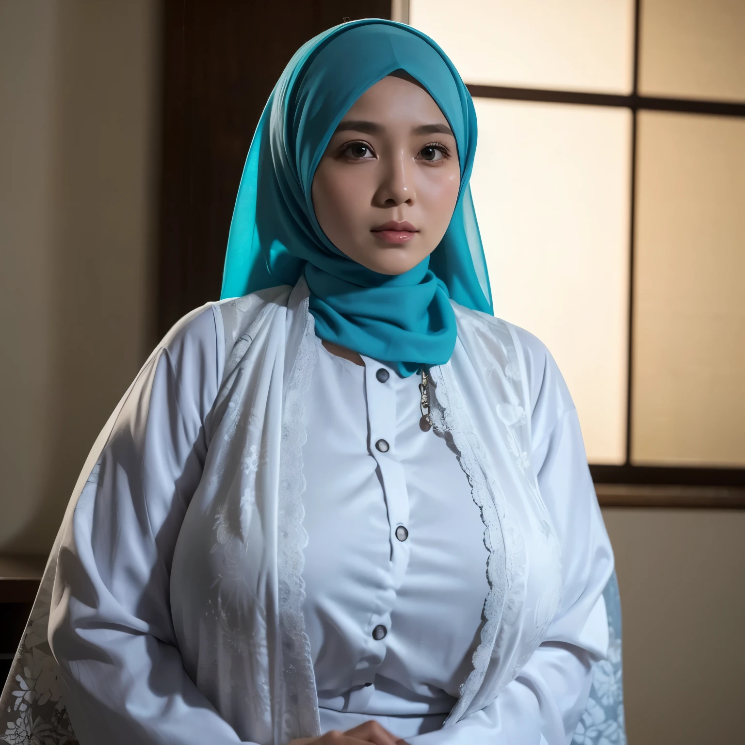 30 Years old, Indonesian mature woman, wearing Wide Hijab, perfect , natural Gigantic breast : 96.9, gorgeous eyes, Soft smile, wear a Yukata, No Wearing Bra, necklace, Breast about to burst Out, Nightime walk, Lewd Situation, Light Colour.