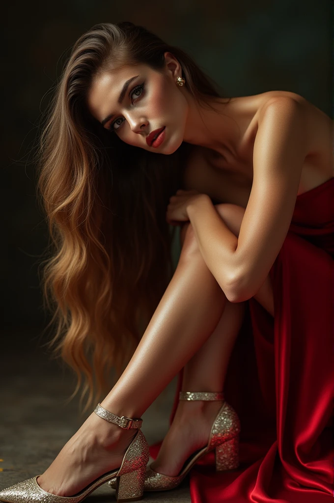 a high fashion editorial photoshoot of a woman wearing Yves Saint Laurent high heels with the logo on them, elegant evening gown, beautiful detailed face, flawless skin, dramatic eye makeup, long flowing hair, graceful posing, dramatic lighting, cinematic composition, highly detailed, masterpiece, 8k, realistic, photorealistic, glamorous, high fashion, editorial, dramatic, cinematic