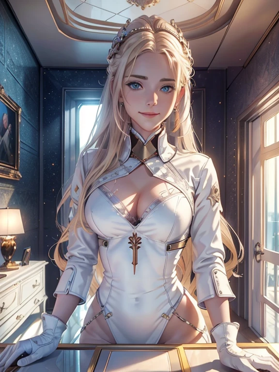 masterpiece, Highest quality, Highly detailed CG Unity 8K wallpapers,((Seat image)), ((Spaceship bedroom)), Elegant long wavy platinum blonde hair, ((Average Chest Circumference, Self-illuminating skin)), (blush), , (Captivating smile), (White handbag), Beautiful symmetrical face, fine grain, Key Art, Awards, intricate detail realism hdr, Photorealism, Hyperrealism, Ultra-realistic, Dramatic Light, Nice views, Written boundary depth,