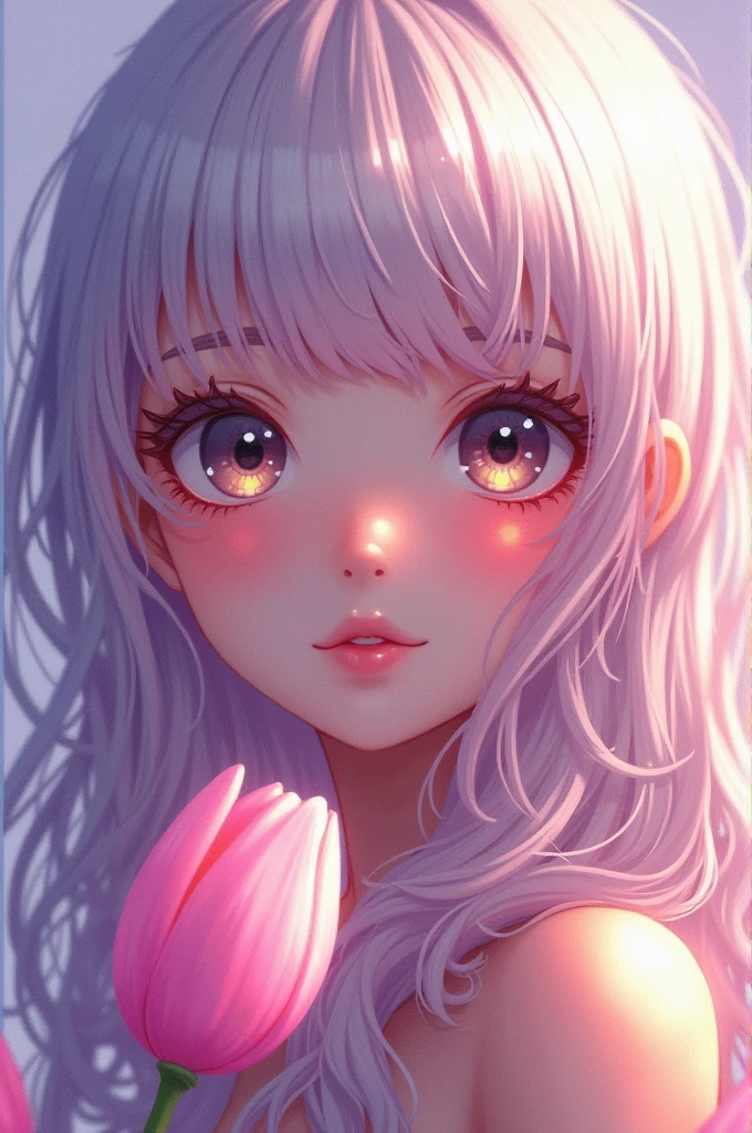 masterpiece,Dazzling colorful light,Ultra Detailed,A girl,big eyes,tulip,Extra long curly hair,White-blond hair,A fascinating adventure,Glowing lips,Close-up of face,Exposed shoulders,Dreamy and beautiful,Thick paint of the characters,Fine brushstrokes,wallpaper,Light purple background,Anime Aesthetics,