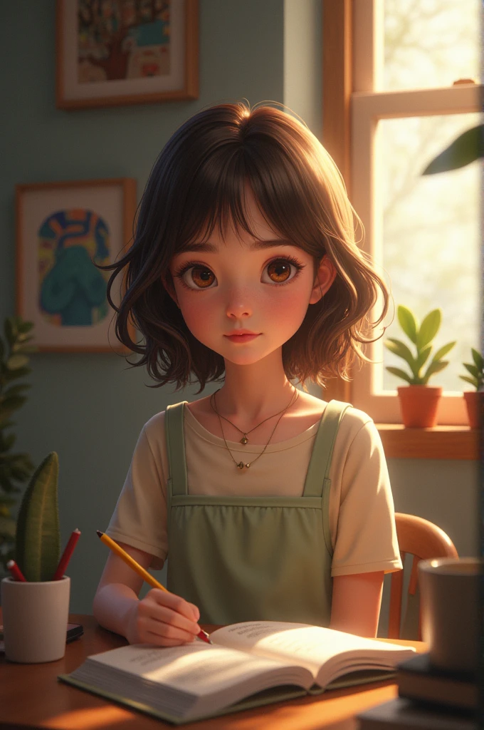 Girl with brown hair and brown eyes inside room 