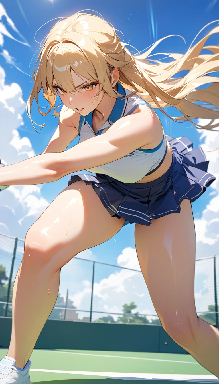 masterpiece,Highest quality,8k,Blonde,Tennis Wear,Tennis court,Bold Pose,Intense movement,Shiny hair,Glossy skin,Japanese idol model,
