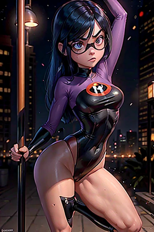 Violet Parr, Incredibles, Leotard, Pole Dancing, Disney Pixar Animated Style, detailed face, beautiful eyes, medium breasts