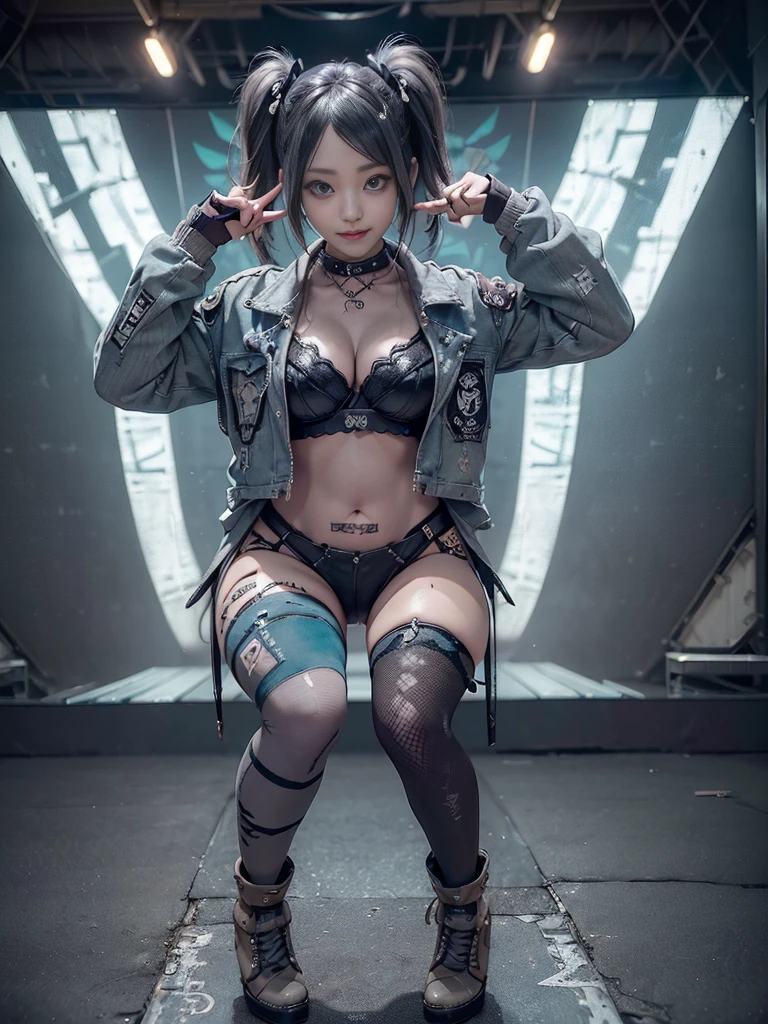 (Full body image:1.2)、(Side view:1.1)、(Smiling with teeth showing:1.3),(Shibuya Gal:1.5)、(Hostess costume:1.4)、(Neo-Goth Fashion:1.4)、(Punk rock visual kei:1.4)、(Modern khaki short jacket, Turquoise and Charcoal:1.5)、(Tattered brown, Charcoal and navy denim :1.5)、(Mustard yellow headband:1.3)、(Charcoal and khaki striped knee socks:1.4)、collar、White Long Boots、(We sell patterned  with logos.:1.4)、20-year-old、Browsing Caution,((Highest quality、In 8K、masterpiece:1.3))、Sharp focus:1.2、(Layered Cut、Huge :1.1),Beautiful woman with perfect figure:1.4、(Doing an aerobics pose:1.3)、(Leg spread:1.3)、(Raise your arms:1.2)、(Open your legs:1.3)、Slim Abs:1.2、Butt、Highly detailed face and skin texture、Detailed eyes、double eyelid,(Twin tails:1.3)、(Dark gray hair:1.3)、Dynamic pose、Obscene pose、Humiliating pose、Idol Sculpture、(A gorgeous and sunny fashion show stage:1.3)、(Slimming your legs:1.4)、(The body is slim:1.3)、(clavicle:1.1)