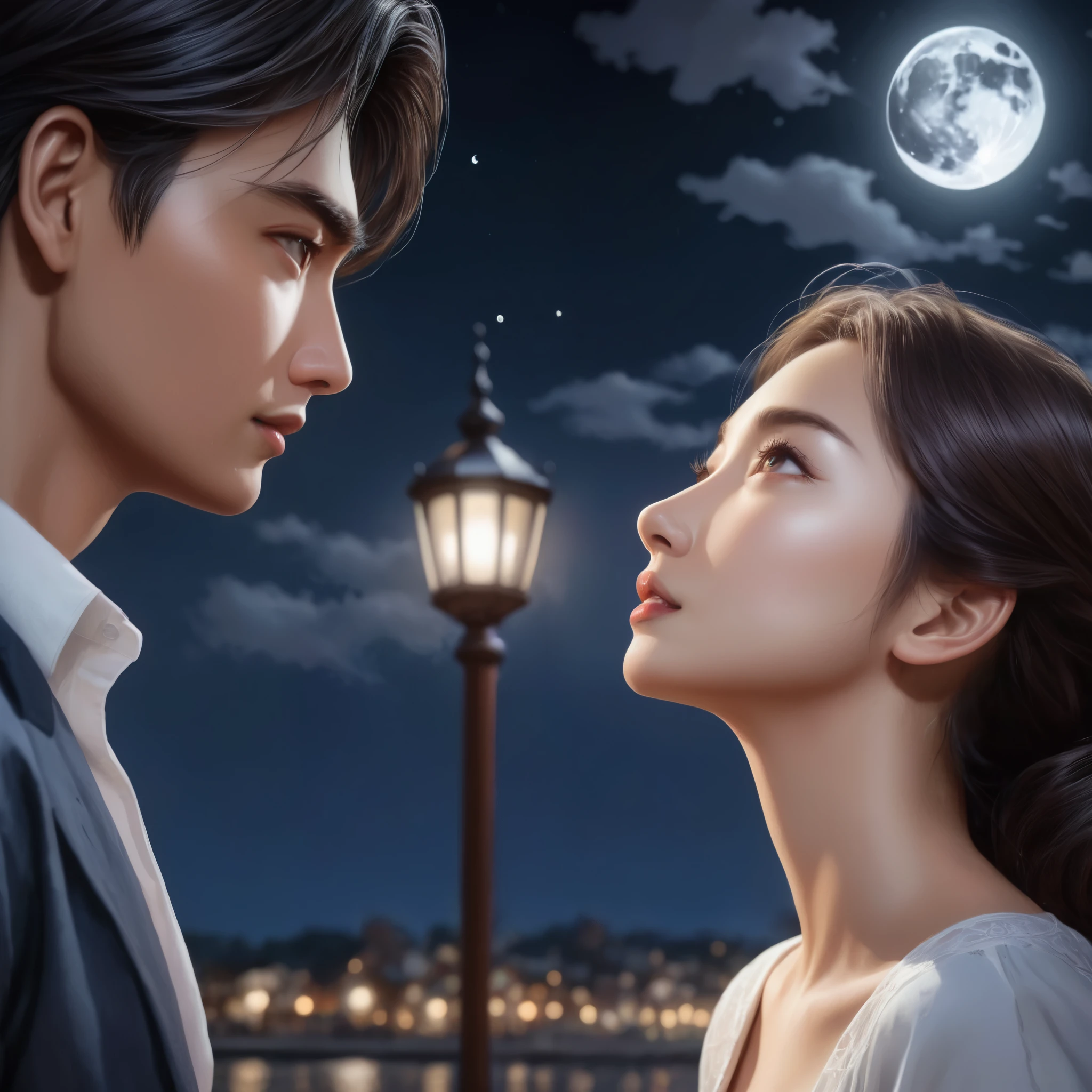 Moonlit Confession, (A woman confesses to a man under the moonlight:1.1), (man's POV), Beautiful and detailed photos, award-winning works, peaceful atmosphere