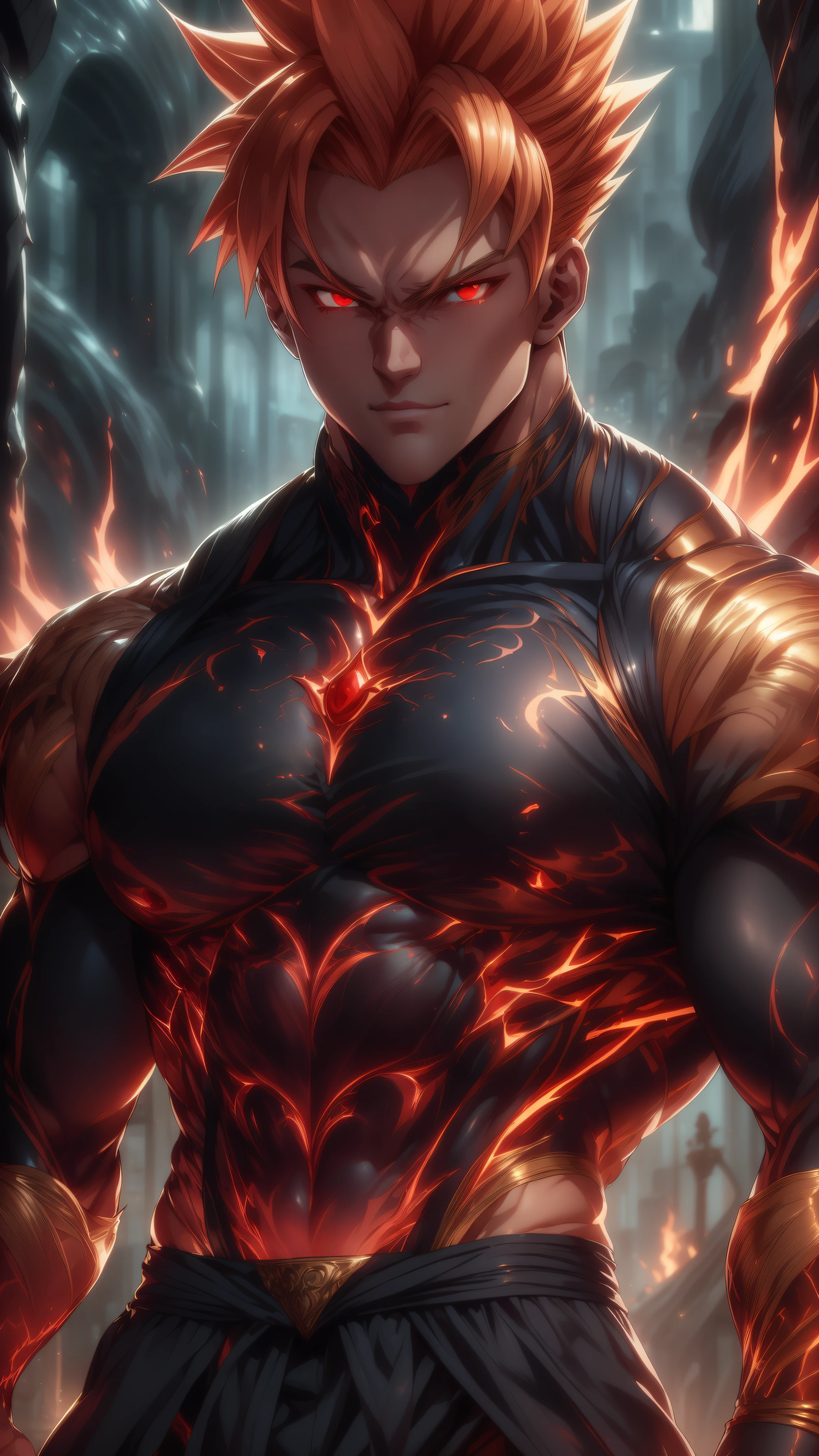 On a dark and mysterious background, a handsome man with red eyes and a muscular build stands tall. His short, red and blond hair is styled in a way that perfectly complements his strong features. With his upper body bare, his eight-pack abs glisten in the light, emitting a golden glow that adds to his overall allure.